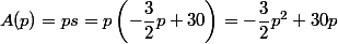 A(p)=ps=p\left(-\dfrac{3}{2}p+30\right)=-\dfrac{3}{2}p^2+30p